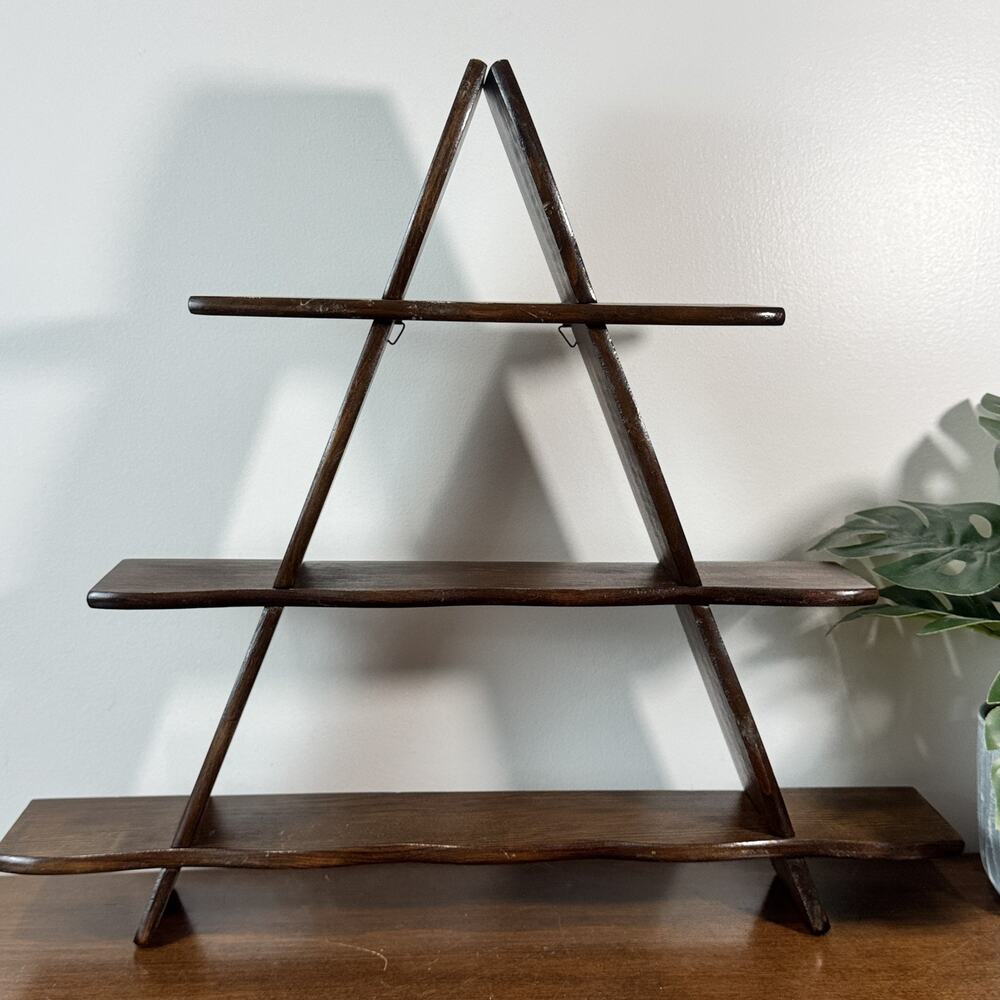 Vintage A-Frame Wooden Tiered Display Shelf Stand Dark Wood Taiwan Decor